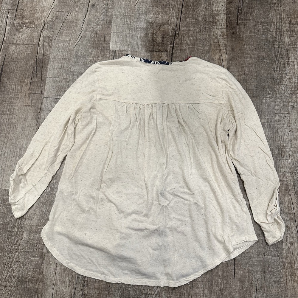 Lucky Brand Womens L Boho Top Long Sleeve‎ Cream Red Blue Hi Lo Relaxed Tab - Picture 8 of 9